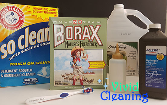 1.-You will need: -Borax 6 g -Baking Soda 17 g -Washing Soda 9.6 g -Vinegar -Hydrogen Peroxide 100ml -Toothbrush -Squeeze Bottle 2.Mix everything except the vinegar together. Pour into the squeeze bottle. Place solution on the grout. Let it sit for 30 minutes. Scrub the grout with a toothbrush. Rinse with vinegar.