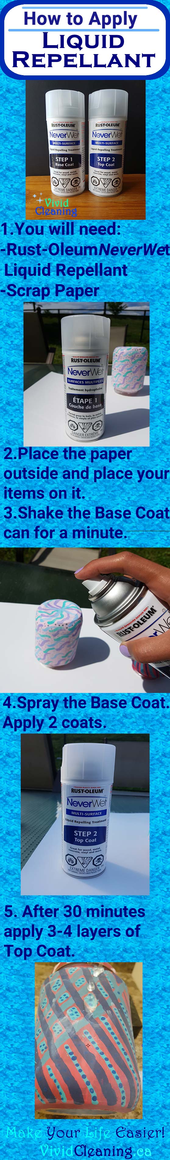 Apply two thin coats of Base Coat or more. Allow it to dry for a minimum of 30 minutes before applying Step 2: Top Coat. Apply coat of spray to the item. Allow this coat to dry for 1-2 minutes before applying the next top coat layer. Allow the item to dry for 12 hours before using it. Your items are now waterproof and protected.