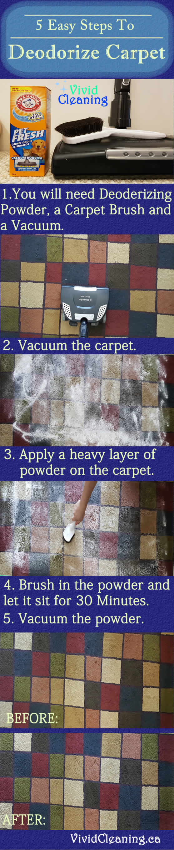 5 Easy Steps To Deodorize Carpet 1.You will need Deodorizing Powder, a Carpet Brush and a Vacuum. 2. Vacuum the carpet. 3. Apply a heavy layer of powder on the carpet. 4. Brush in the powder andlet it sit for 30 Minutes. 5. Vacuum the powder.